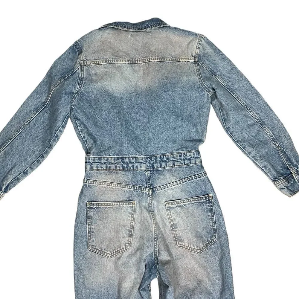 ZARA Jumpsuit Women’s‎ S Pink Dyed Denim One Piece Collared Long Sleeve Button
